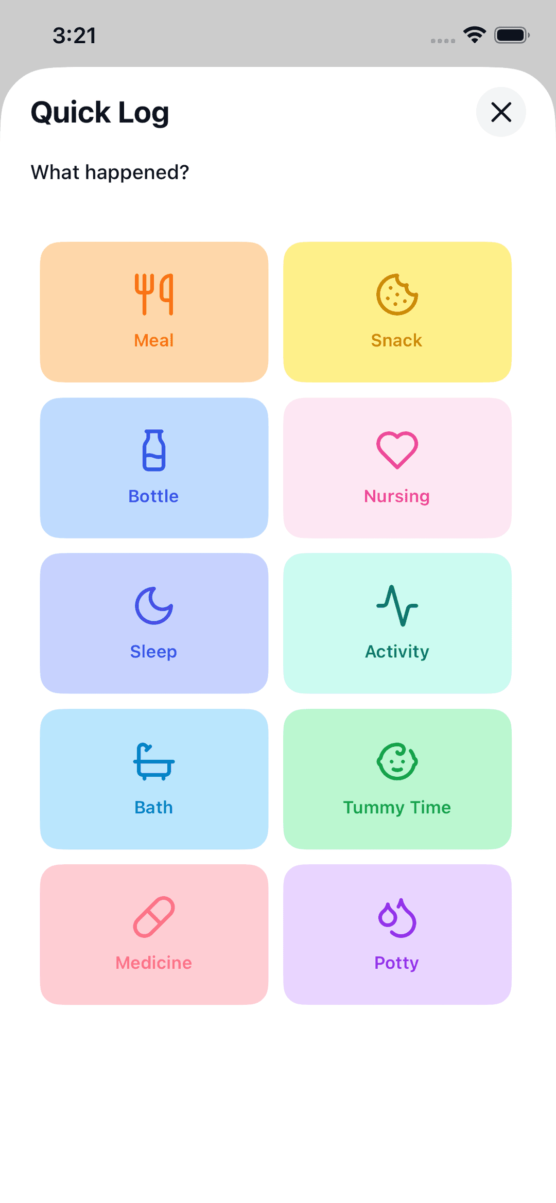 Cub Notes quick log entry screen on iPhone